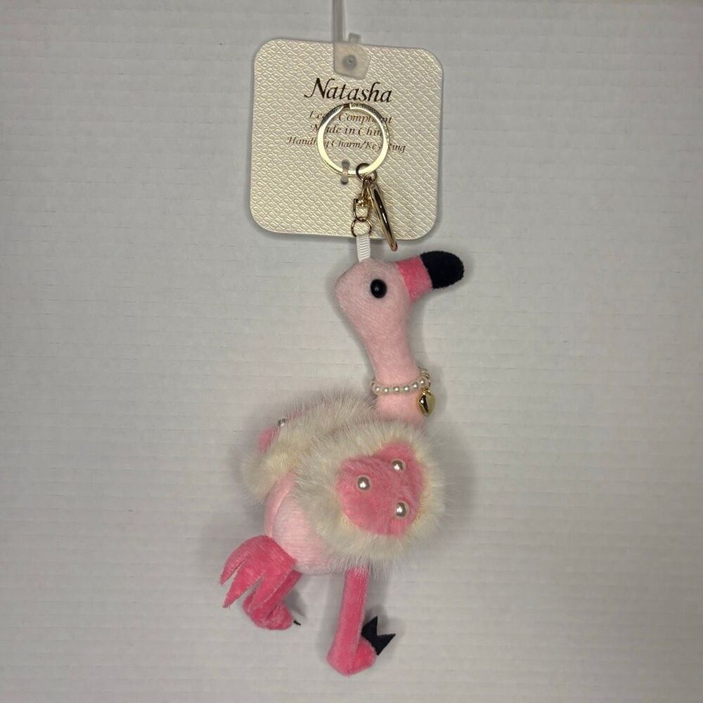 Natasha Pink Plush Flamingo Bird Pearls Purse Bag Charm Keychain Gold Tone NEW